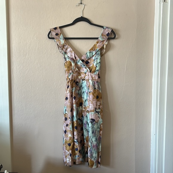 Theory Pastel Watercolor Floral 100% Silk Ruffle Tie Waist Dress 4 - Picture 3 of 14
